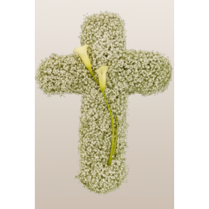 Aranjament funerar în formă de cruce cu cale și gypsophila – 40–50 cm